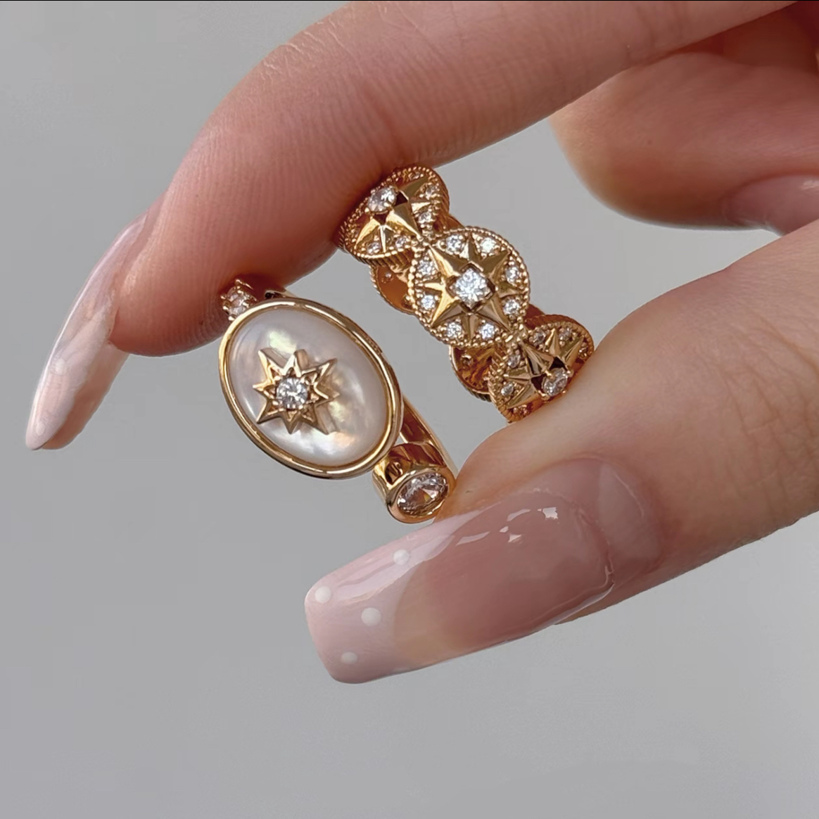 Compass of Pentacles Shell Octagonal Rhinestone Ring Two-Piece Set