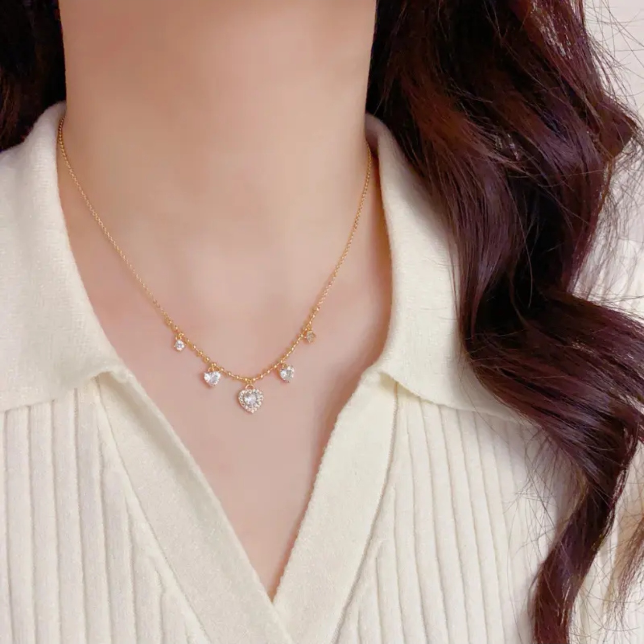 Heart-Shaped Diamond High-Gloss Tassel Necklace