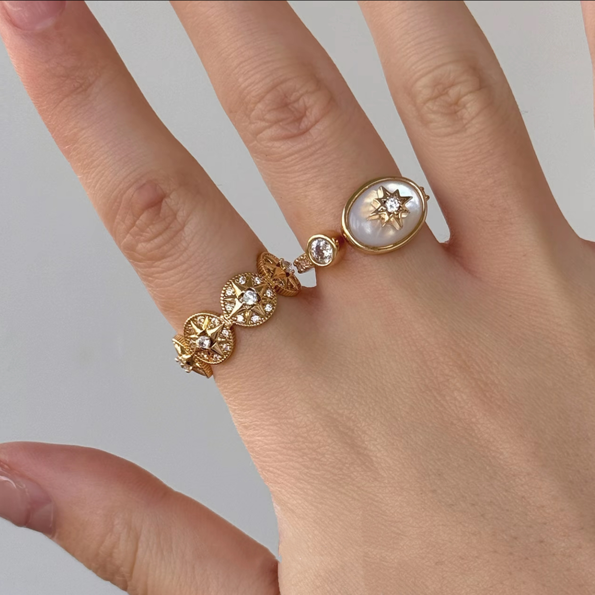 Compass of Pentacles Shell Octagonal Rhinestone Ring Two-Piece Set