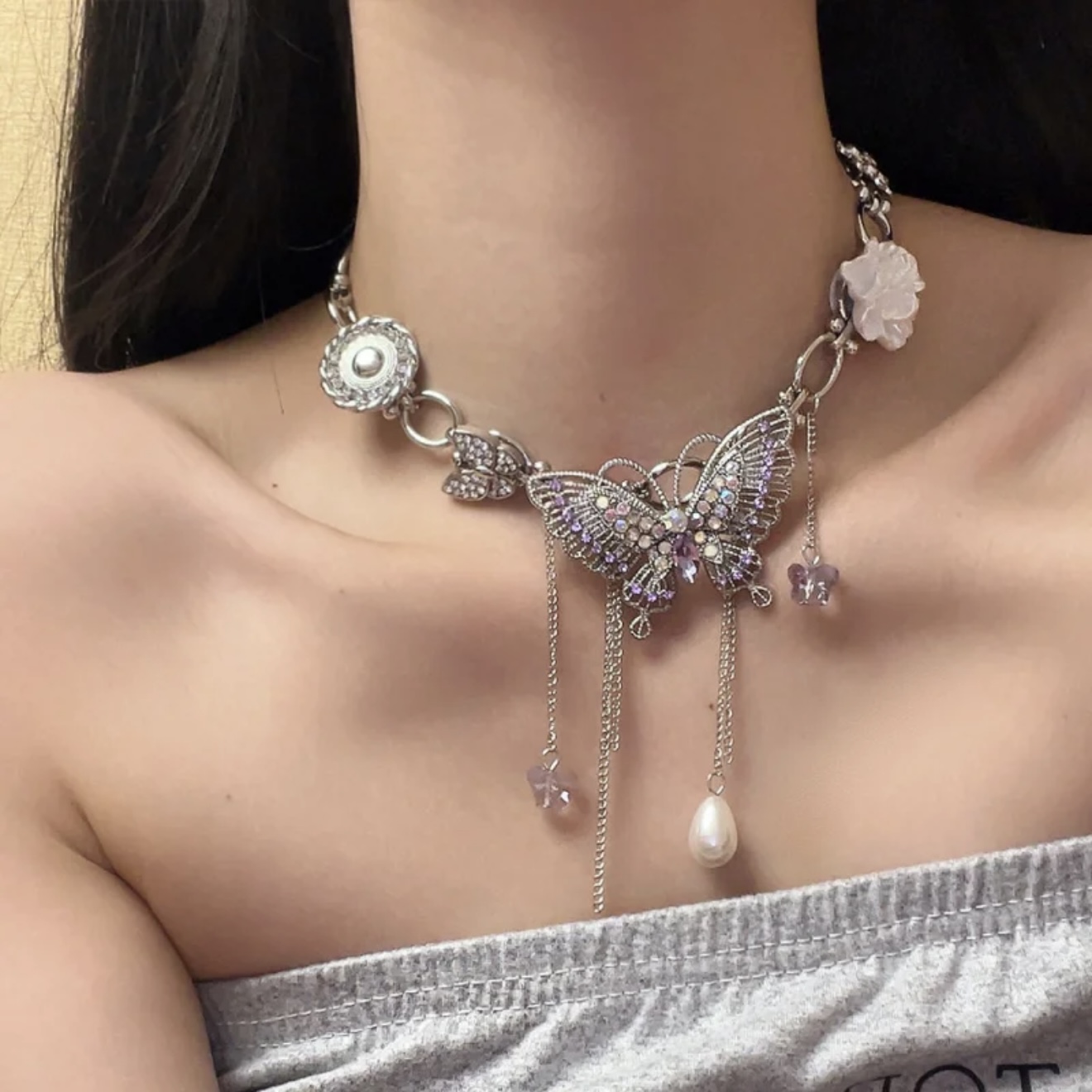 Violet-Traced Butterfly Rhinestone Choker