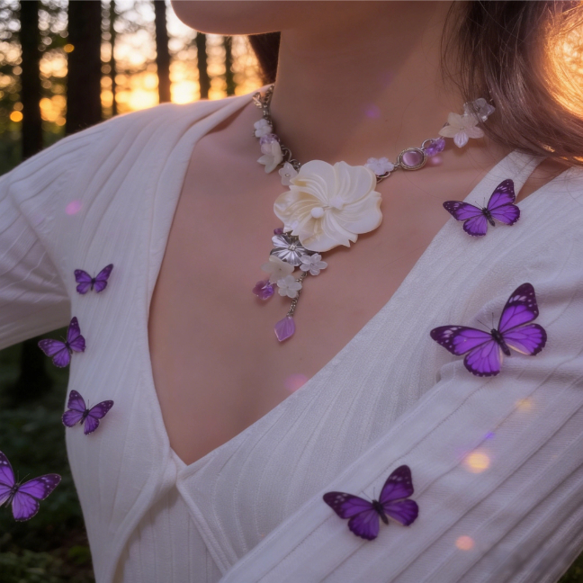 Ocean Seashell Lisianthus Flower Relief Necklace