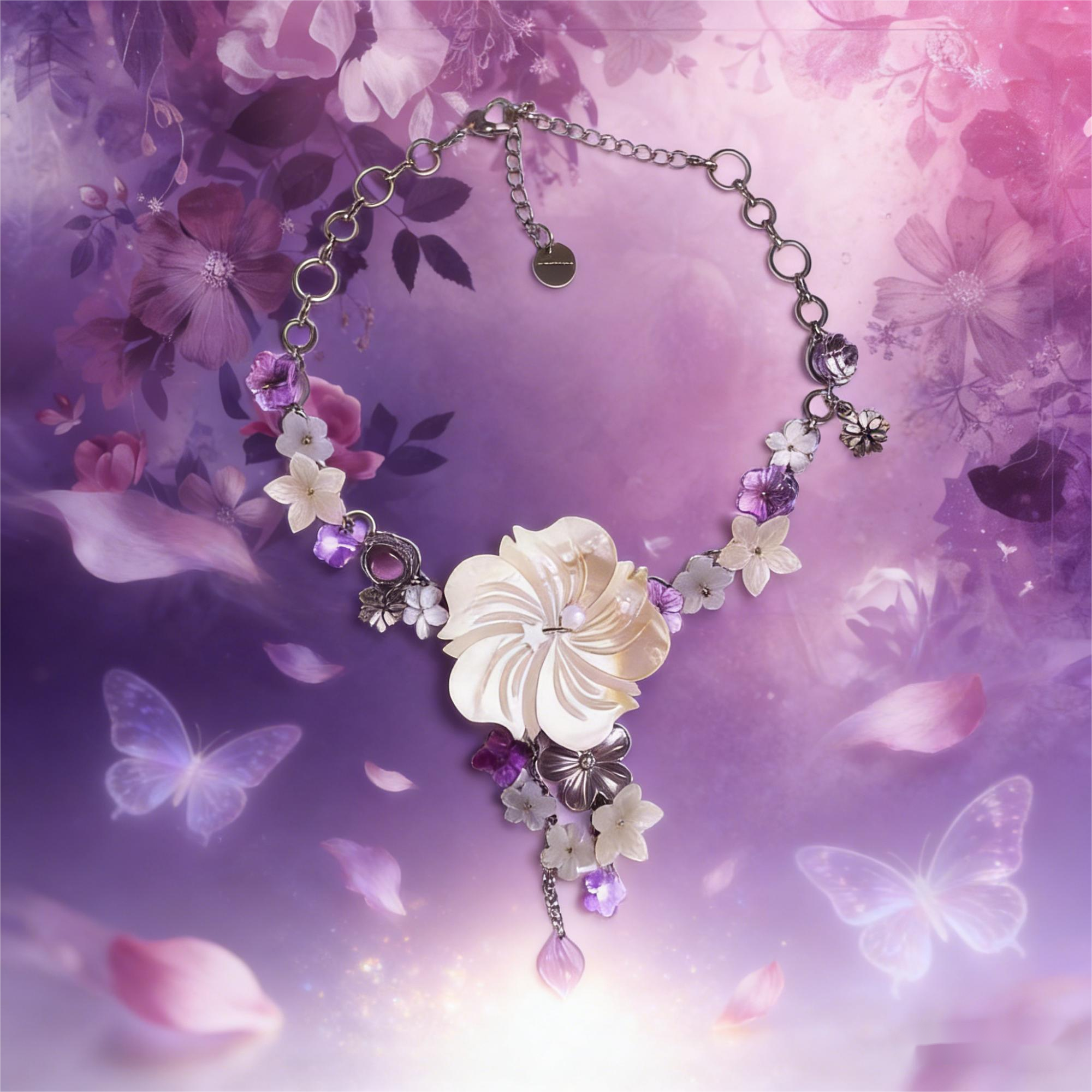 Ocean Seashell Lisianthus Flower Relief Necklace