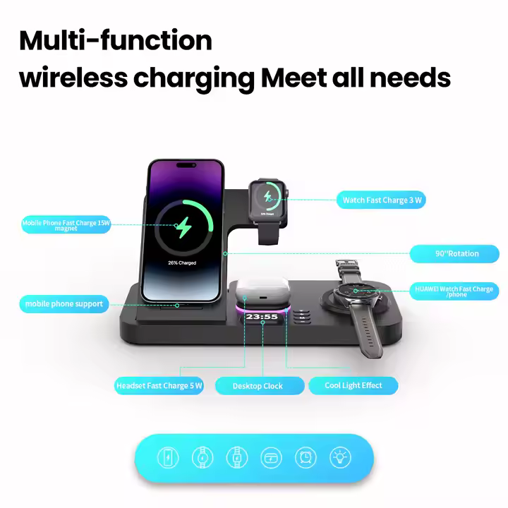 SIGOR 6-in-1 Fast Wireless Charger Station with Clock Night Light Foldable