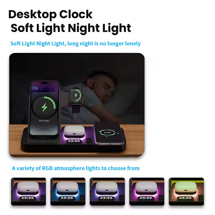 SIGOR 6-in-1 Fast Wireless Charger Station with Clock Night Light Foldable