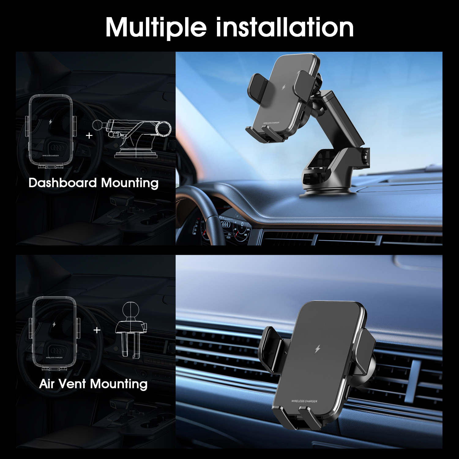 SIGOR Wireless Car Charger Mount Large Coil for efficient charging phone holder