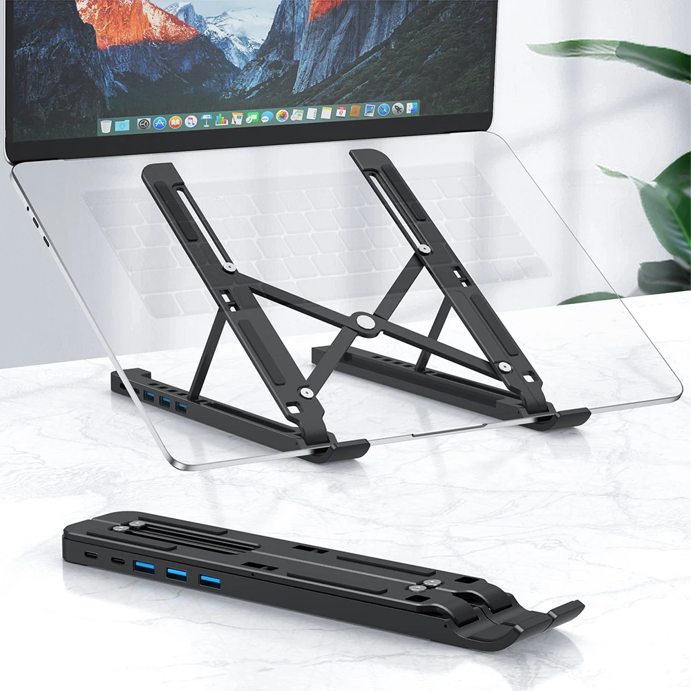SIGOR 4 in 1 Adjust Height Metal Foldable RGB Light Laptop Stand With USB Hub