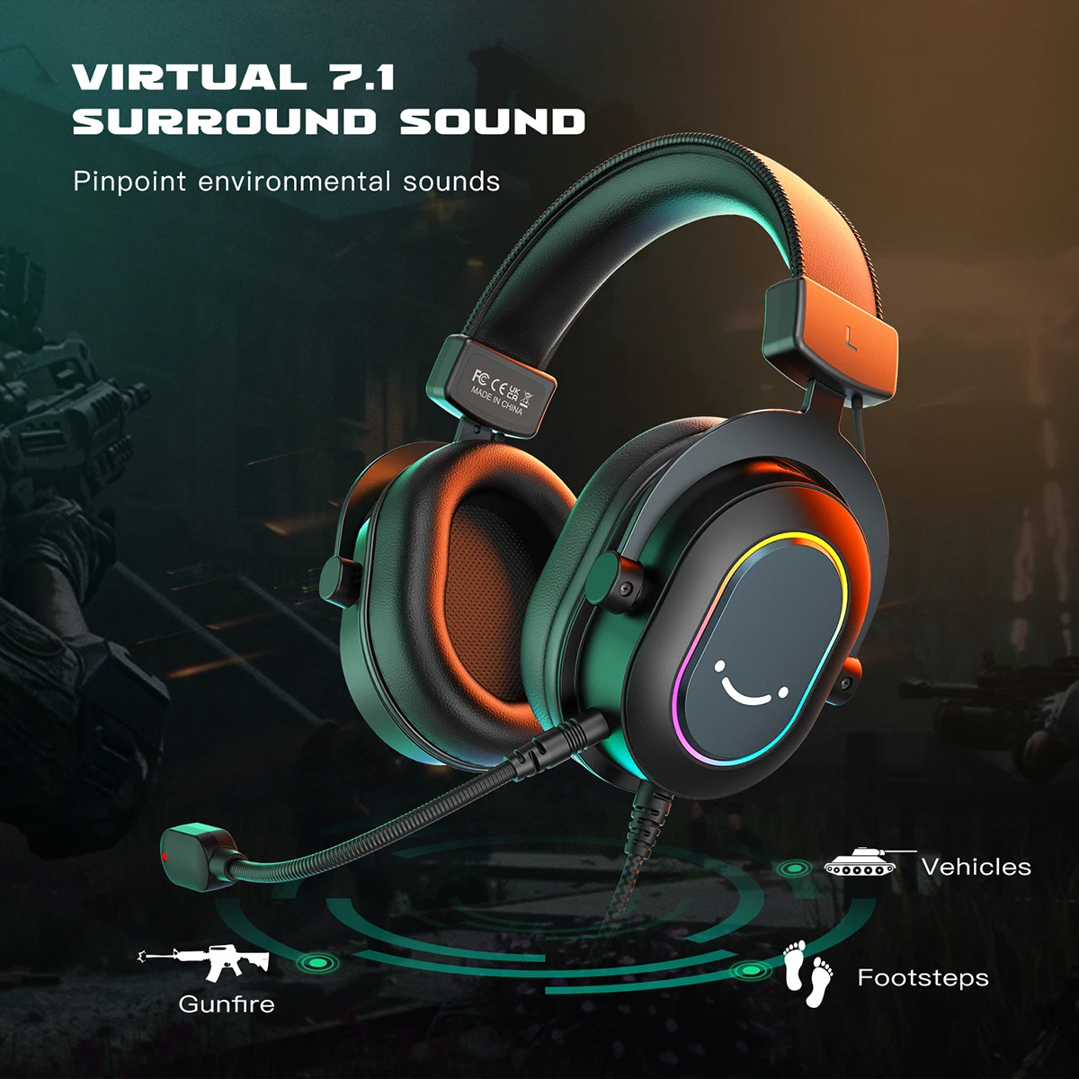 SIGOR Dynamic RGB Gaming Headset with Mic Over-Ear Headphones 7.1 Surround Sound