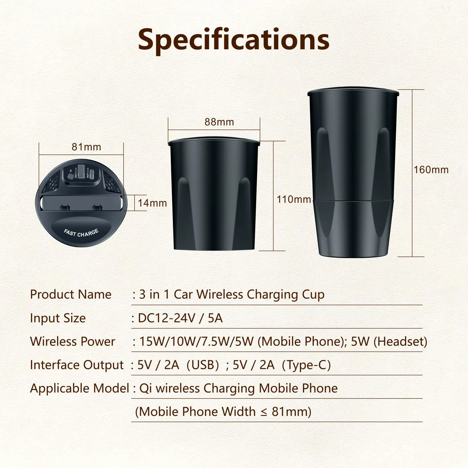 SIGOR 15W Car Wireless Charger Cup Holder with Two USB and Cooling Fan