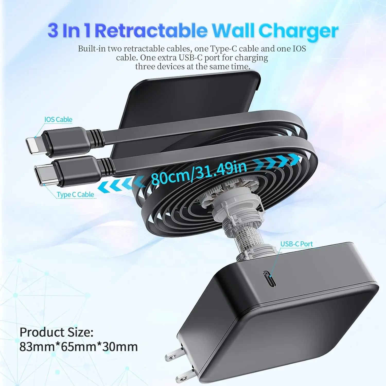 SIGOR 35W GaN Charger with Dual Retractable Flex Cable, PD 3.0 Fast USB Wall Charger