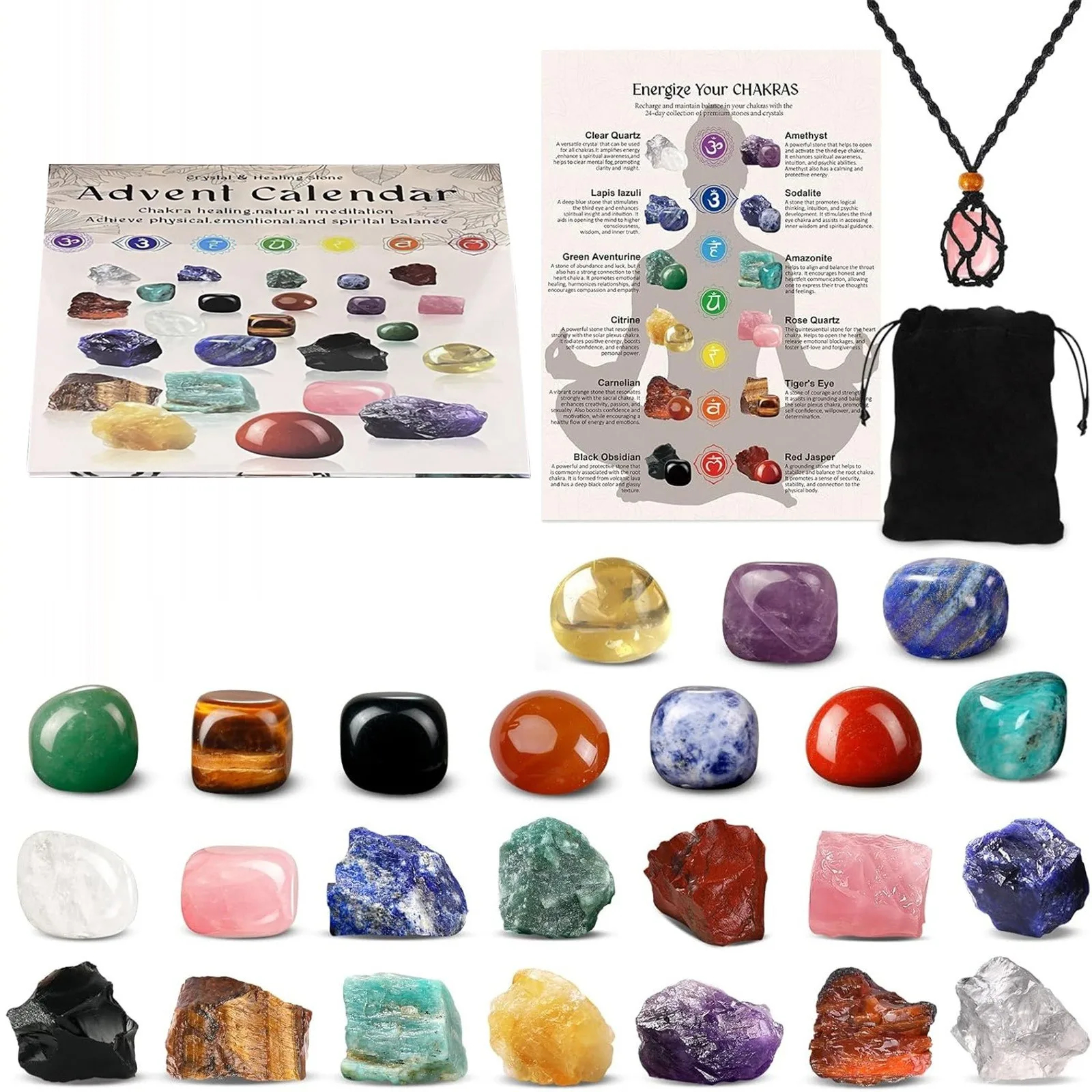 SIGOR FREE SHIPPING Natural Crystal Gemstsone Christmas 24-Day Countdown Calendar Gift Box