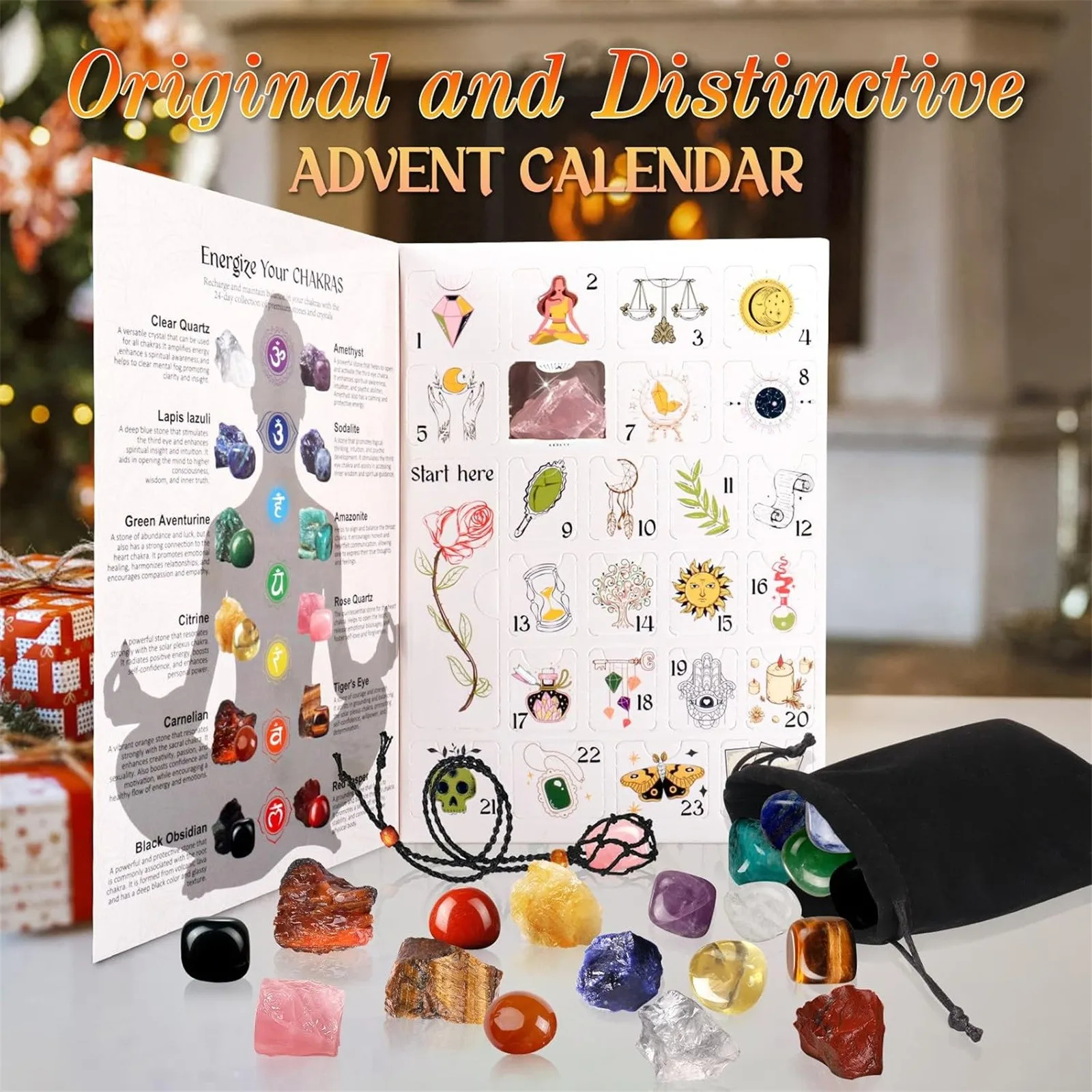 SIGOR FREE SHIPPING Natural Crystal Gemstsone Christmas 24-Day Countdown Calendar Gift Box