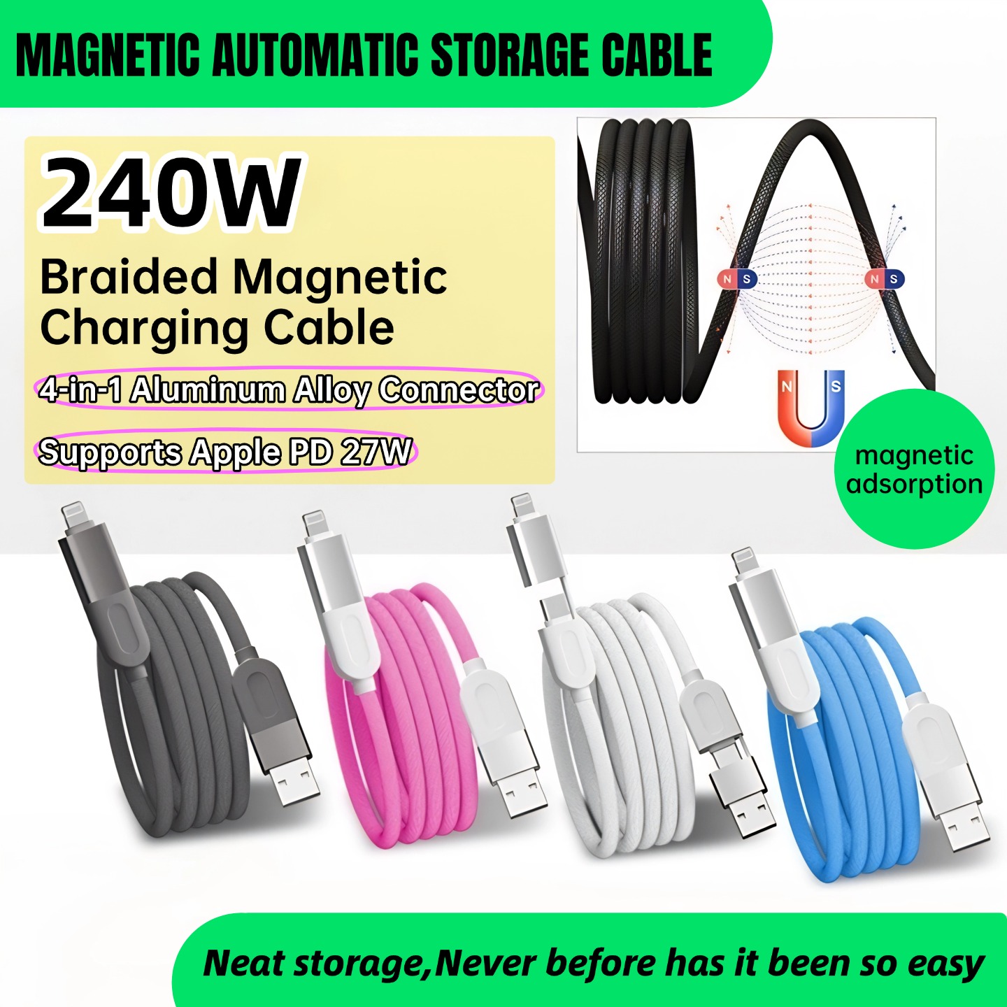 SIGOR FREE SHIPPING 4-in-1 Magnetic USB A Type C Lightning Braids 240W Charging Cable
